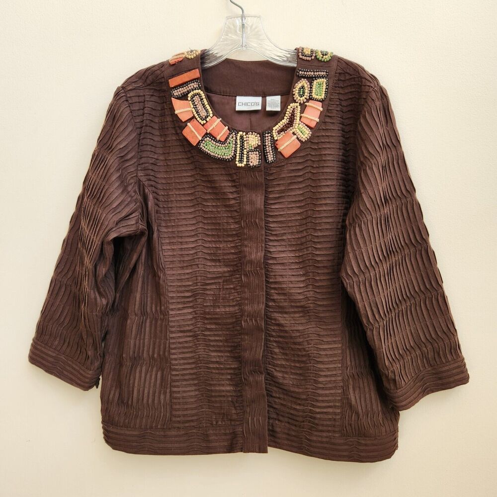 Chico's Jacket Womens 2 Brown Textured Beaded Snap Button Cotton Whimsigoth Boho